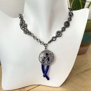 $49 SALE Handmade Chunky Hematite Moon Star Necklace Blue Glass Statement Unique